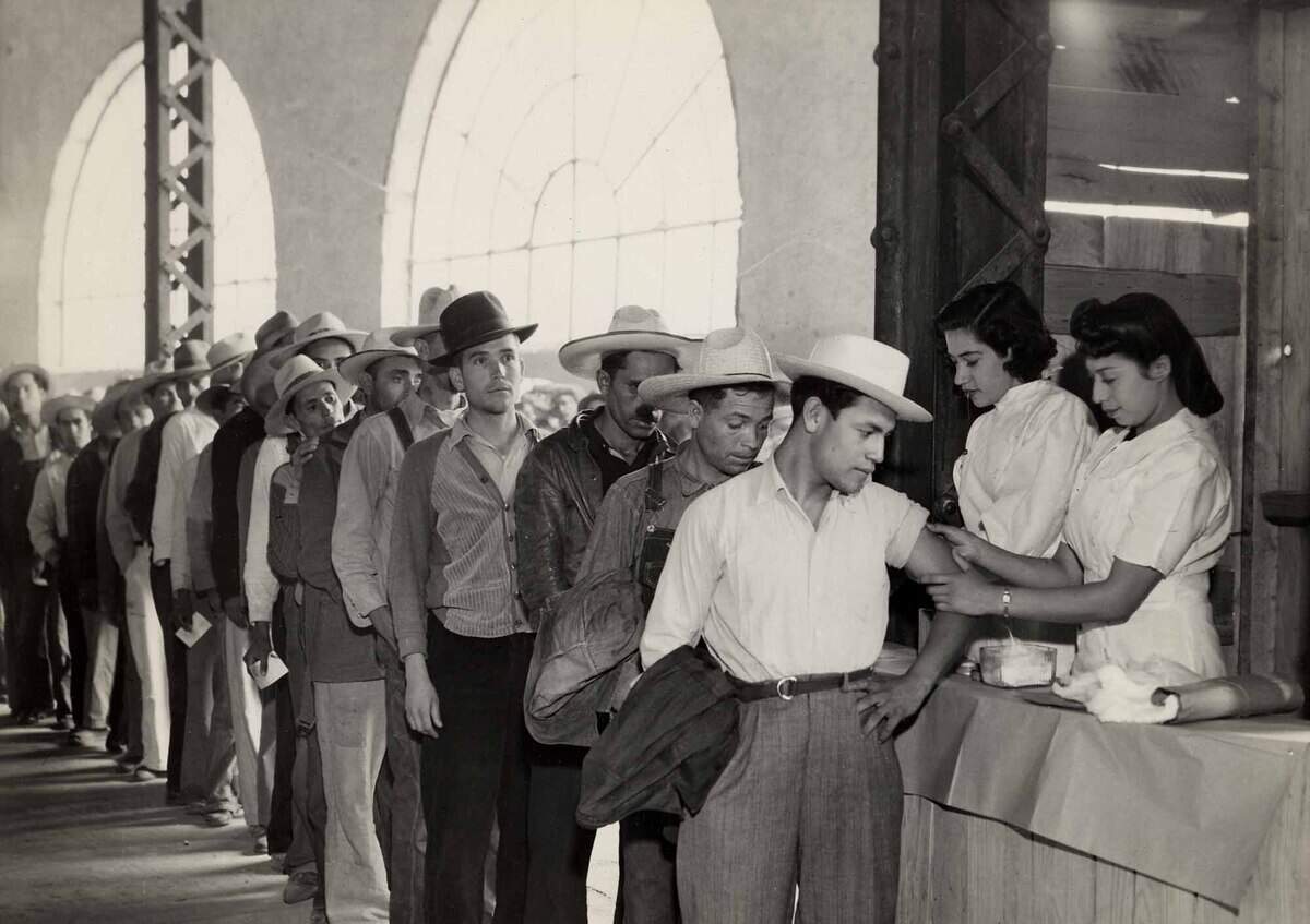 Bracero Program applicants line up for vaccines in Mexico City in 1942.